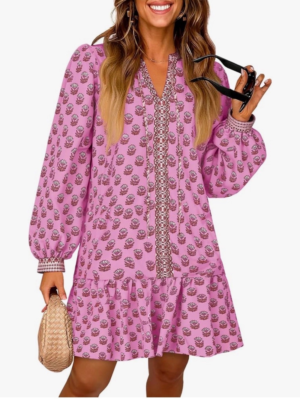 Boho Pink Floral Long-Sleeve Tiered Dress